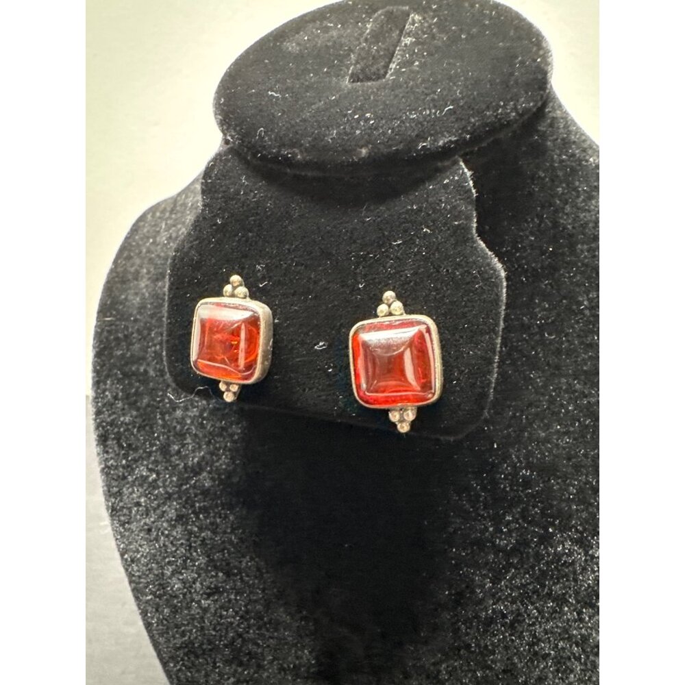 Vintage Lori Bonn Sterling Silver Red Square Cabochon Gemstone Post Earrings Mar